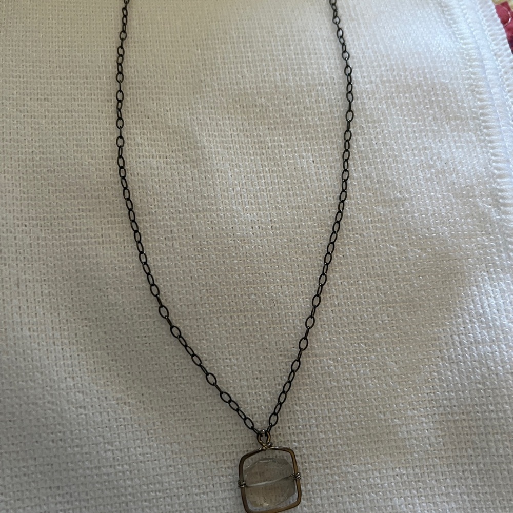 Delicate Square Pendant Necklace in Bronze with Clear Stone: brand Rach B